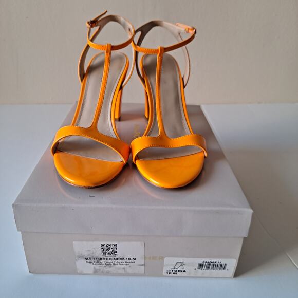 NWB Marc Fisher Toria Patent T-Strap Heeled Sandals Hot Orange Womens Size 10 - Picture 10 of 13
